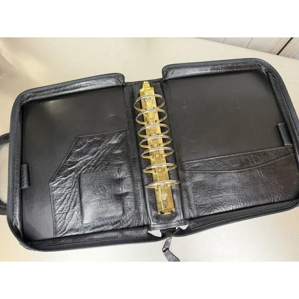Vintage Full Grain Leather Planner Classic Black Handles Full Zip Organizer